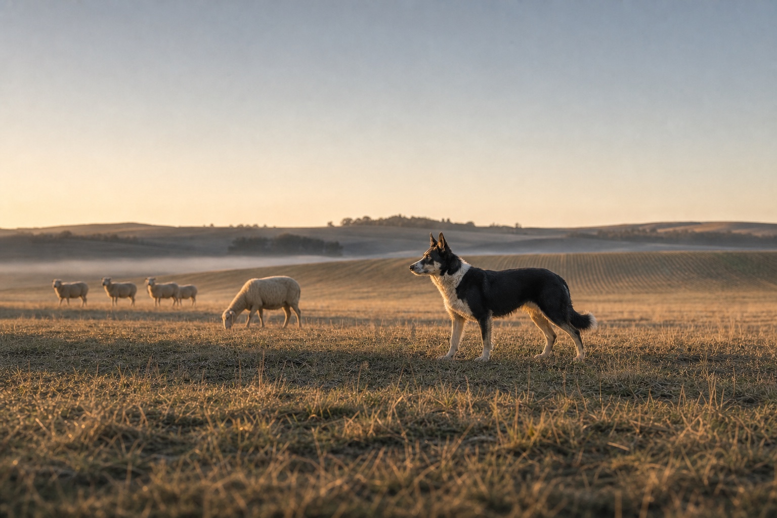 A confident working dog standing in a field with sheep clearly visible nearby.