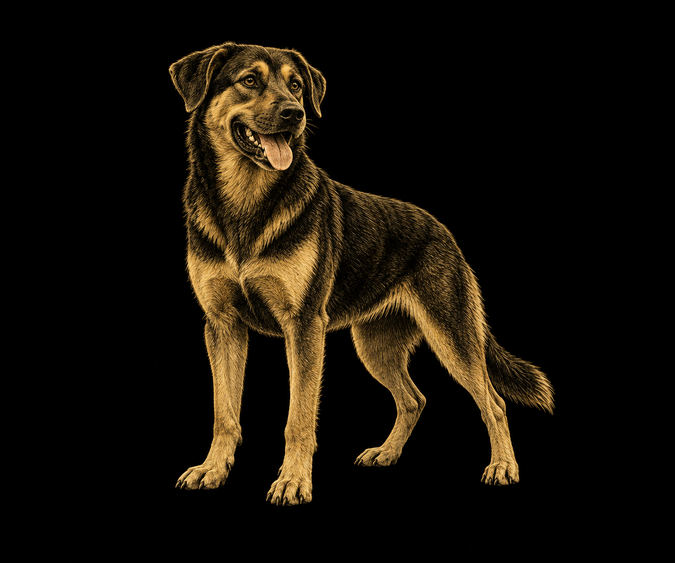 A gold pencil drawing of a friendly Huntaway working dog panting, with its tongue and teeth visible.